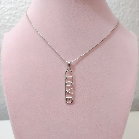SU Sterling Silver Open work LOVE Bar Pendant Necklace Thailand 17" - Picture 3 of 13